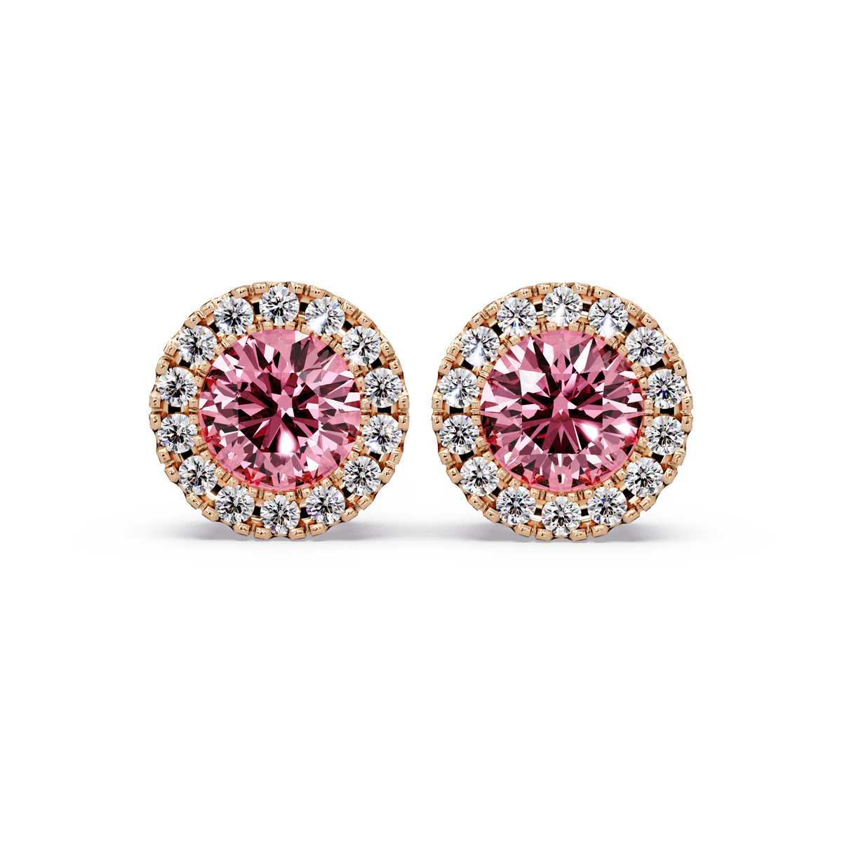 0.8 CTW Round Halo Colorstone Stud Earrings in Rose gold with Tourmaline Pink center stones