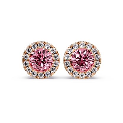 0.8 CTW Round Halo Colorstone Stud Earrings in Rose gold with Tourmaline Pink center stones