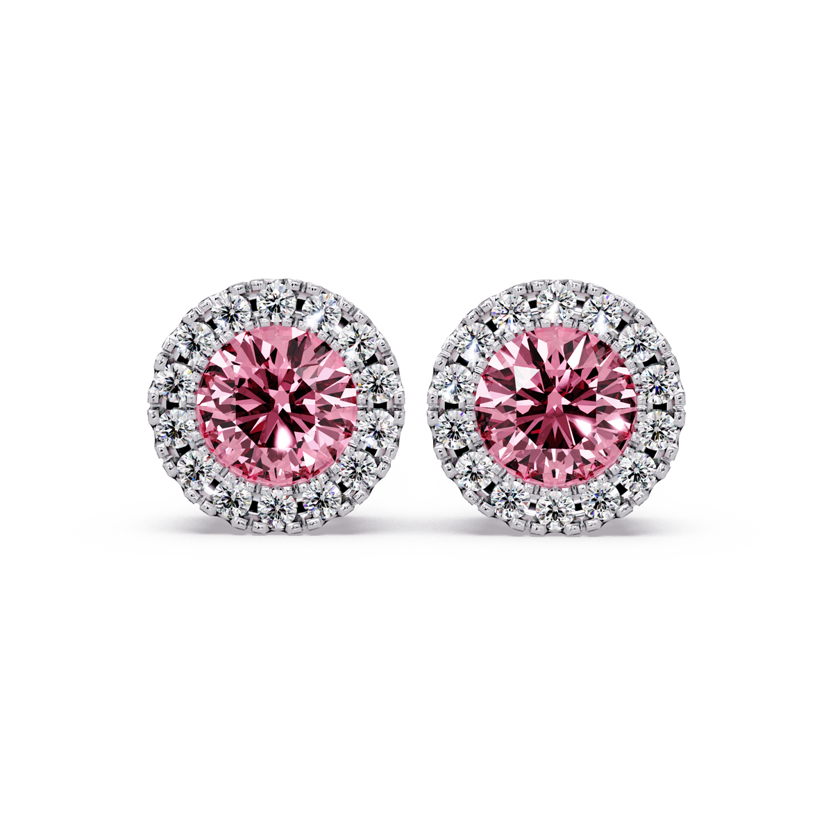 0.8 CTW Round Halo Colorstone Stud Earrings in White gold with Tourmaline Pink center stones