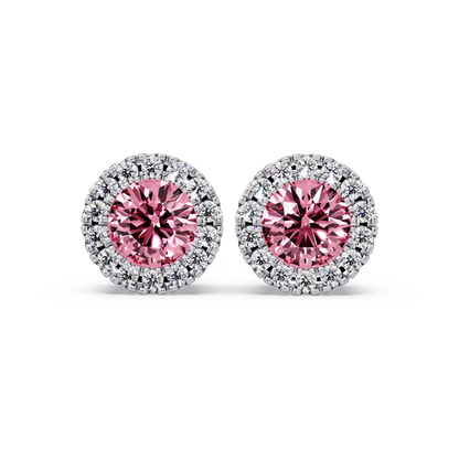 0.8 CTW Round Halo Colorstone Stud Earrings in White gold with Tourmaline Pink center stones