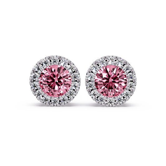 0.8 CTW Round Halo Colorstone Stud Earrings in White gold with Tourmaline Pink center stones