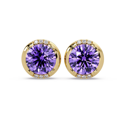 2.7 CTW Round Halo Colorstone Stud Earrings in Gold with Amethyst Purple center stones
