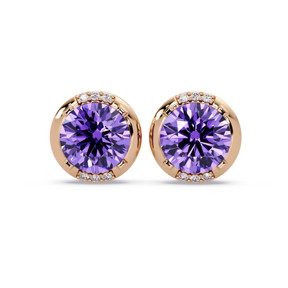 2.7 CTW Round Halo Colorstone Stud Earrings in Rose gold with Amethyst Purple center stones