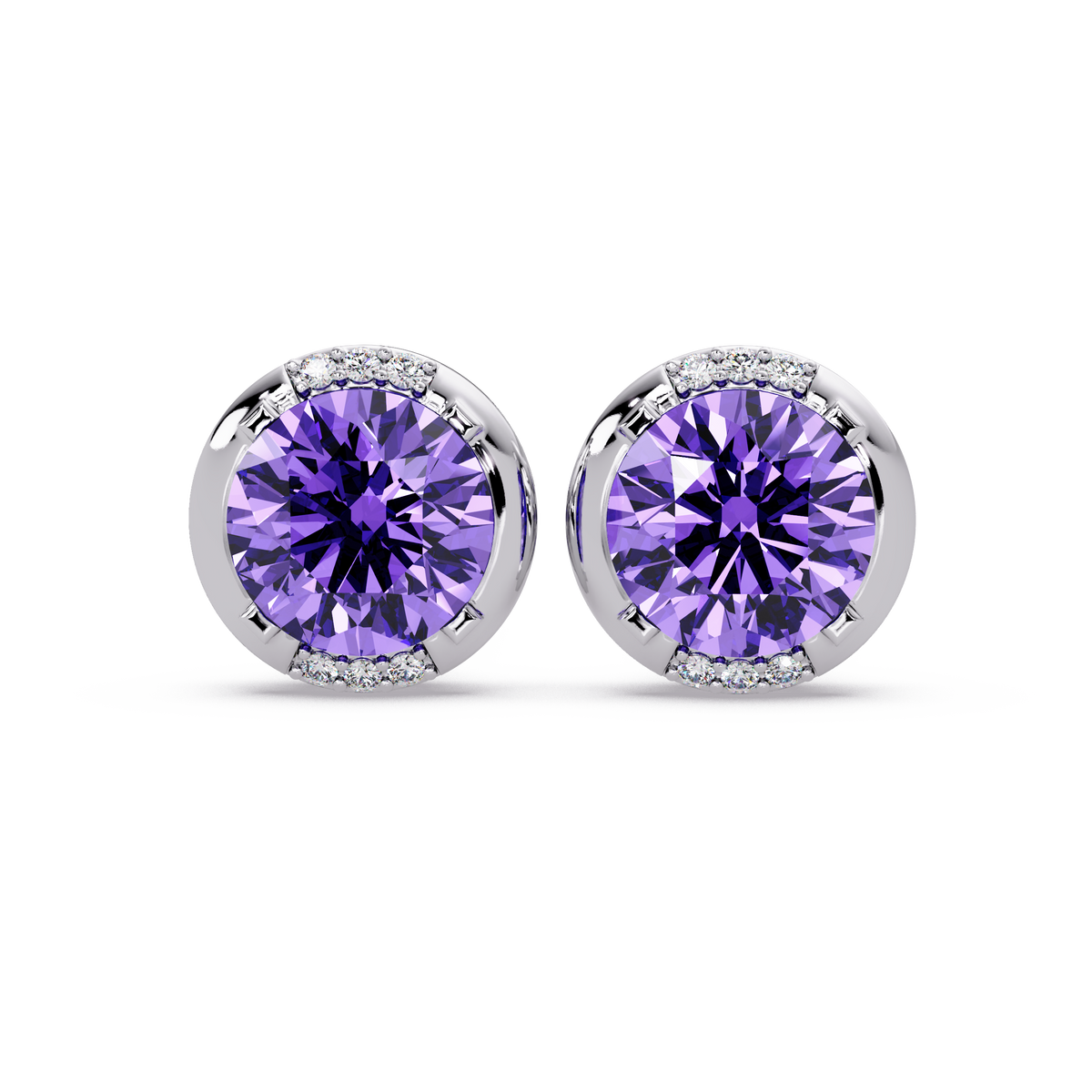 2.7 CTW Round Halo Colorstone Stud Earrings in White gold with Amethyst Purple center stones