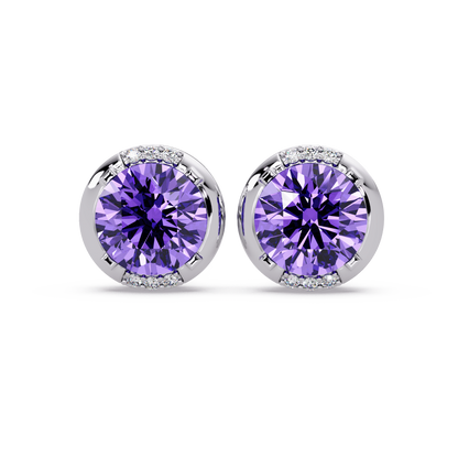 2.7 CTW Round Halo Colorstone Stud Earrings in White gold with Amethyst Purple center stones