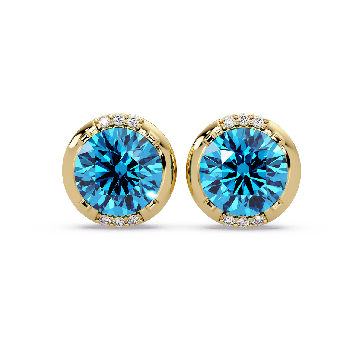 2.7 CTW Round Halo Colorstone Stud Earrings in Gold with Aquamarine Blue center stones