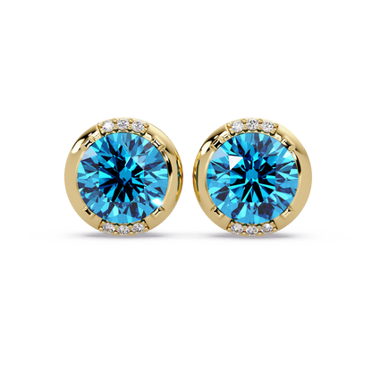 2.7 CTW Round Halo Colorstone Stud Earrings in Gold with Aquamarine Blue center stones