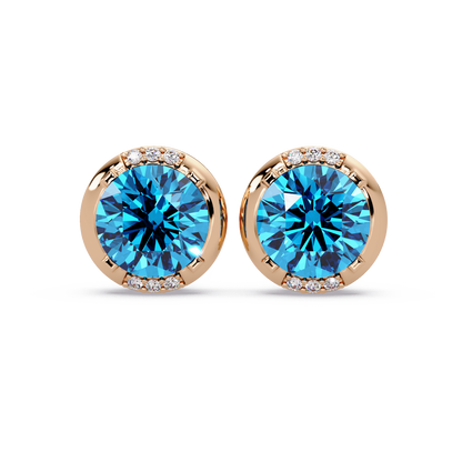 2.7 CTW Round Halo Colorstone Stud Earrings in Rose gold with Aquamarine Blue center stones