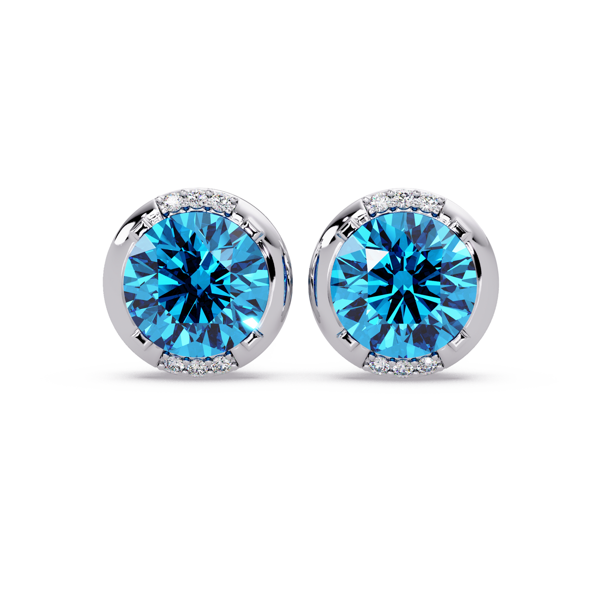 2.7 CTW Round Halo Colorstone Stud Earrings in White gold with Aquamarine Blue center stones