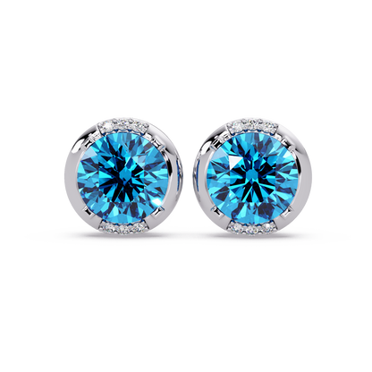 2.7 CTW Round Halo Colorstone Stud Earrings in White gold with Aquamarine Blue center stones