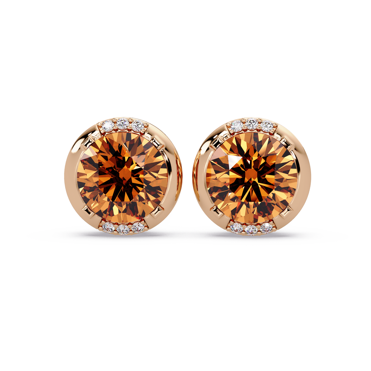 2.7 CTW Round Halo Colorstone Stud Earrings in Rose gold with Champagne Topaz center stones