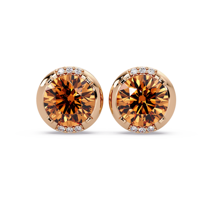 2.7 CTW Round Halo Colorstone Stud Earrings in Rose gold with Champagne Topaz center stones
