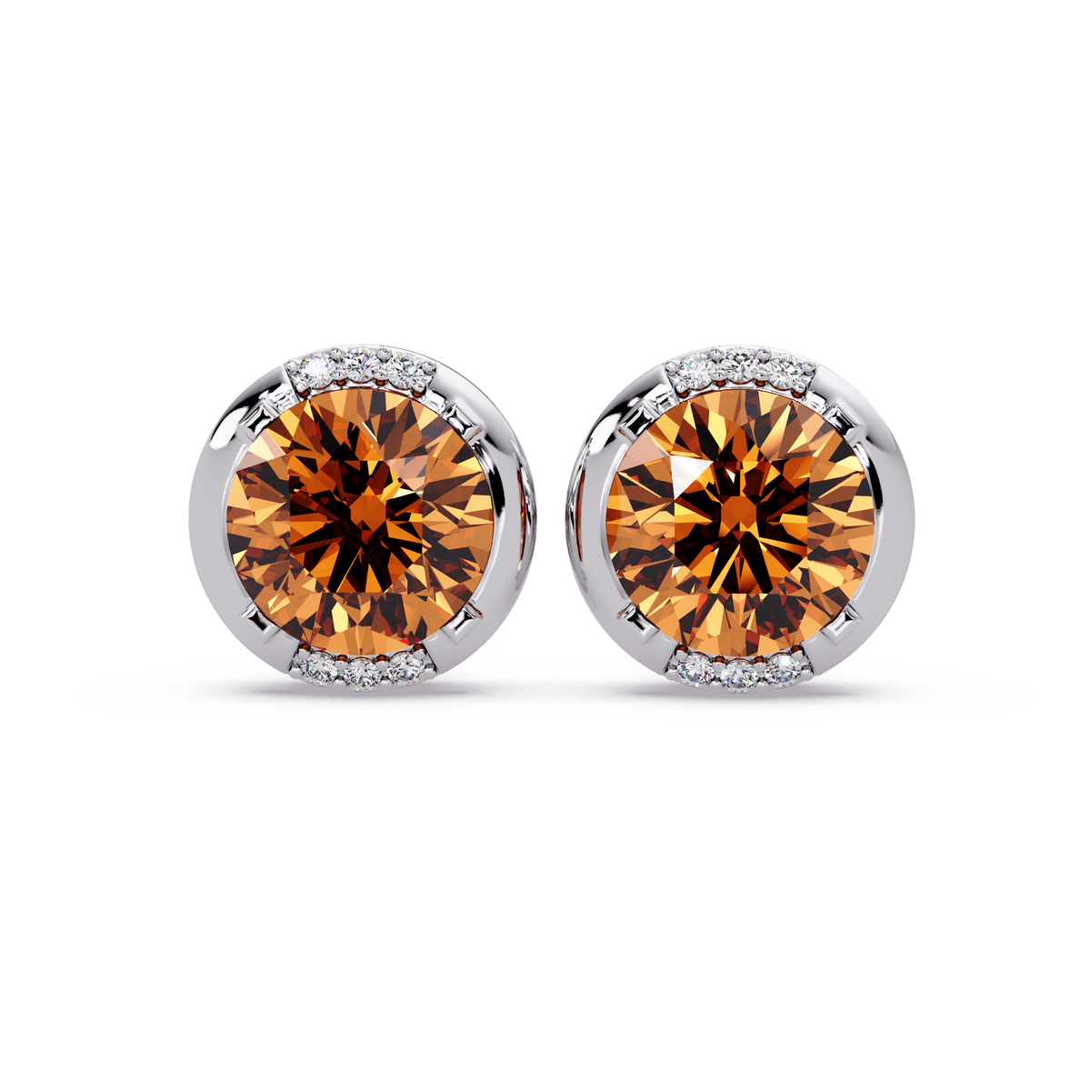 2.7 CTW Round Halo Colorstone Stud Earrings in White gold with Champagne Topaz center stones