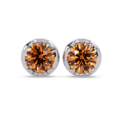 2.7 CTW Round Halo Colorstone Stud Earrings in White gold with Champagne Topaz center stones