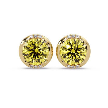 2.7 CTW Round Halo Colorstone Stud Earrings in Gold with Citrine Yellow center stones