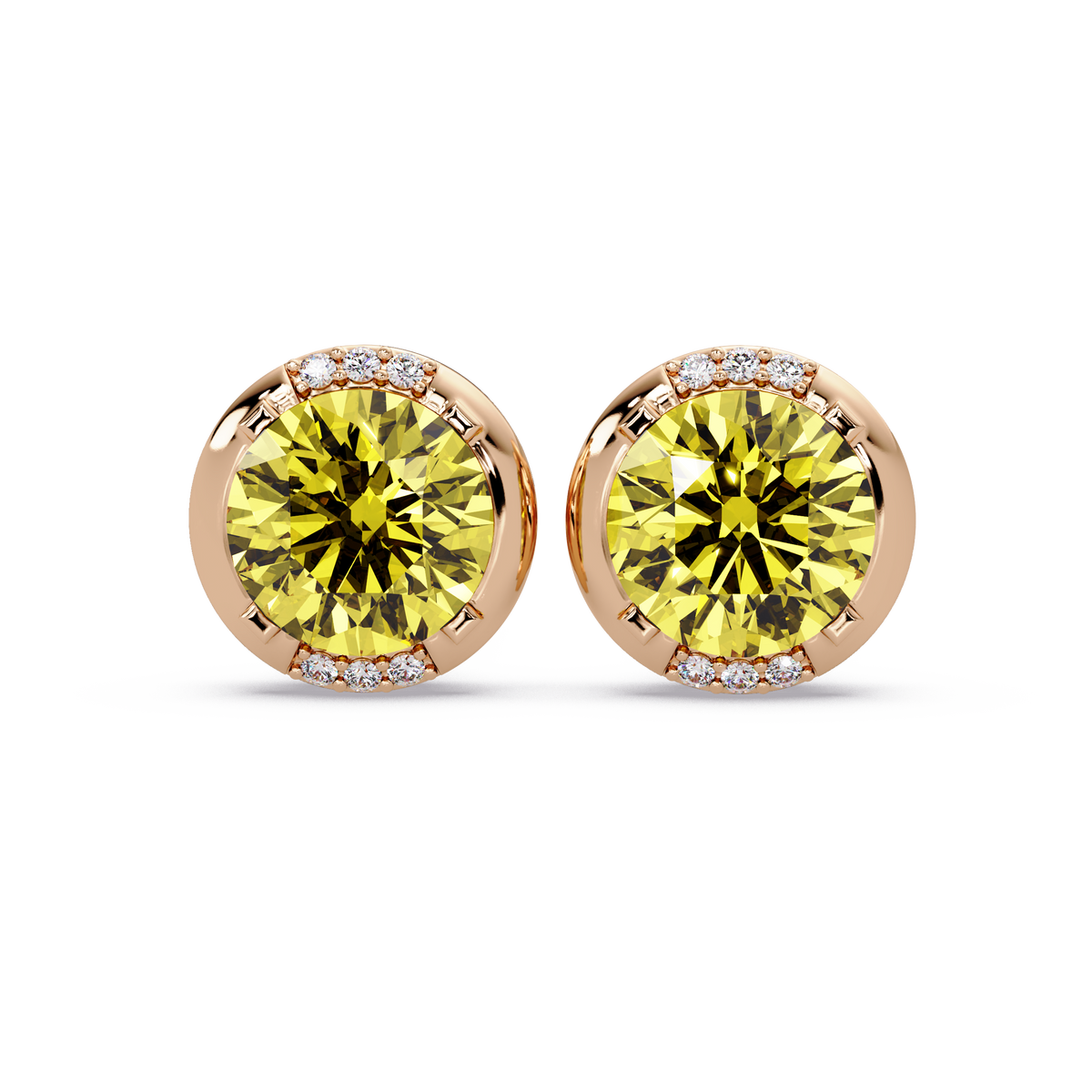 2.7 CTW Round Halo Colorstone Stud Earrings in Rose gold with Citrine Yellow center stones