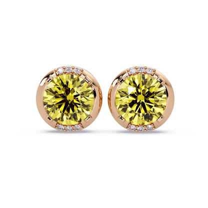 2.7 CTW Round Halo Colorstone Stud Earrings in Rose gold with Citrine Yellow center stones