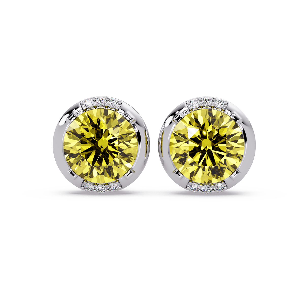2.7 CTW Round Halo Colorstone Stud Earrings in White gold with Citrine Yellow center stones