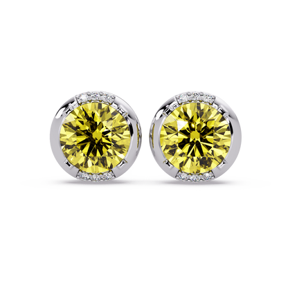 2.7 CTW Round Halo Colorstone Stud Earrings in White gold with Citrine Yellow center stones