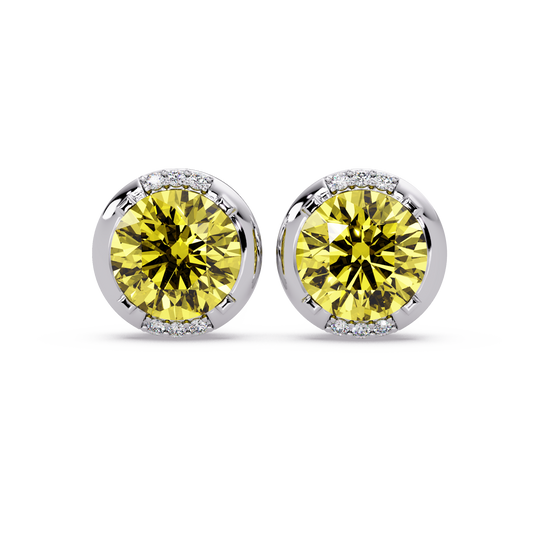 2.7 CTW Round Halo Colorstone Stud Earrings in White gold with Citrine Yellow center stones