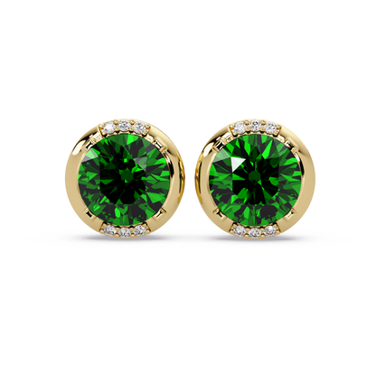 2.7 CTW Round Halo Colorstone Stud Earrings in Gold with Emerald Green center stones