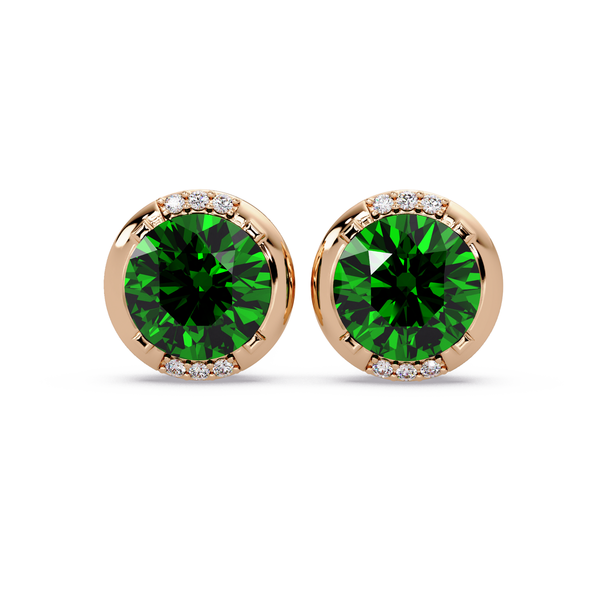 2.7 CTW Round Halo Colorstone Stud Earrings in Rose gold with Emerald Green center stones