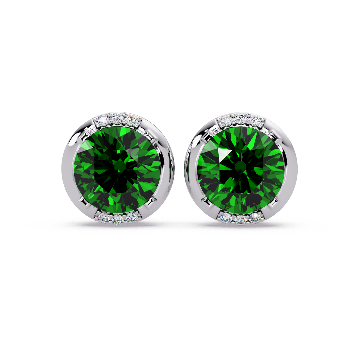 2.7 CTW Round Halo Colorstone Stud Earrings in White gold with Emerald Green center stones