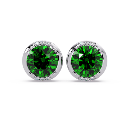 2.7 CTW Round Halo Colorstone Stud Earrings in White gold with Emerald Green center stones
