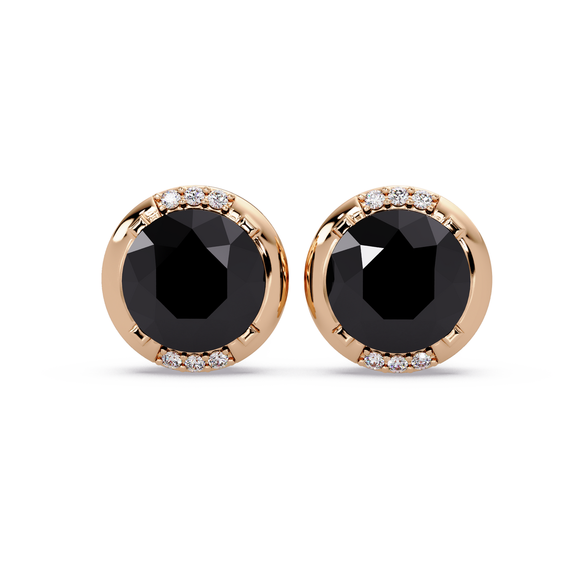 2.7 CTW Round Halo Colorstone Stud Earrings in Rose gold with Onyx center stones