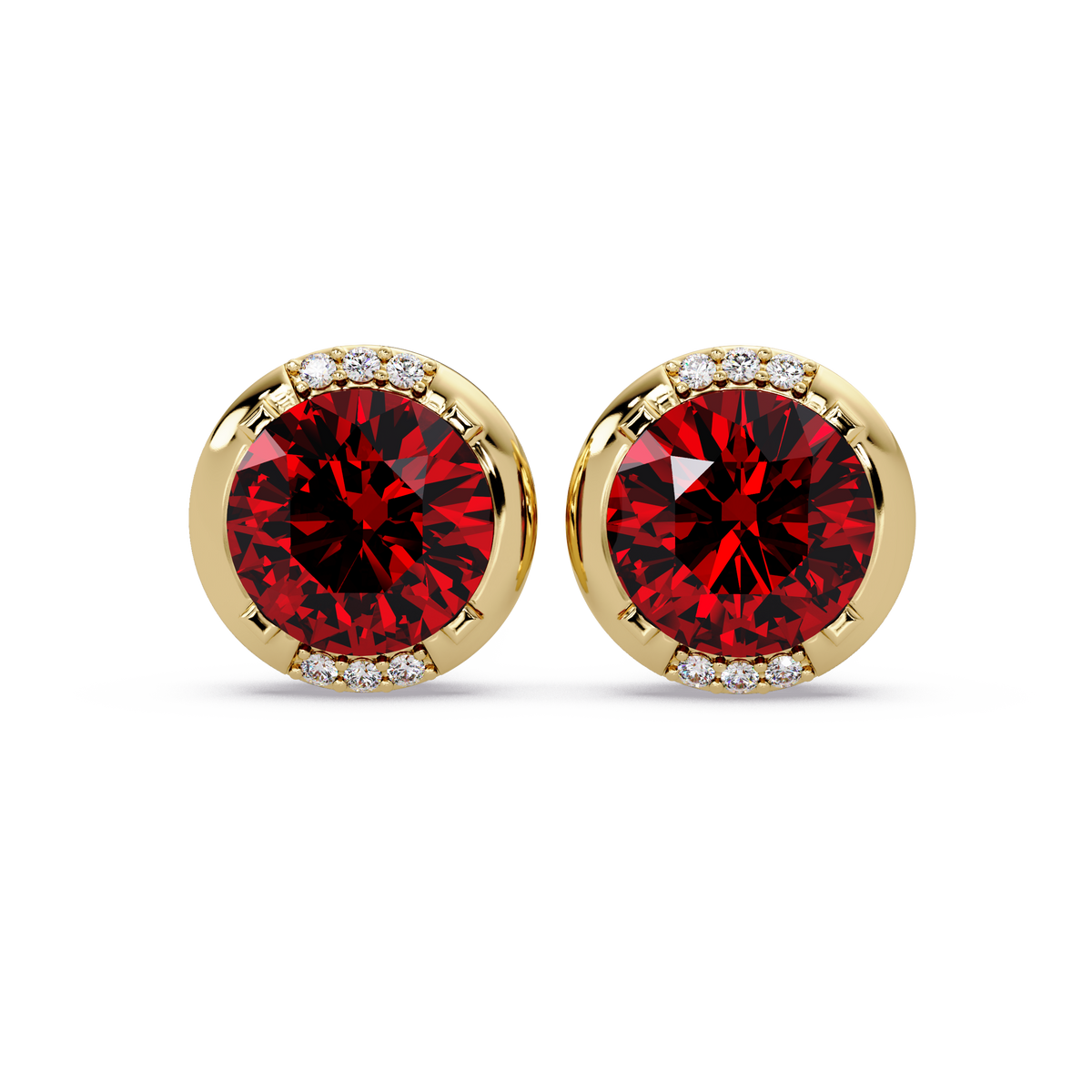2.7 CTW Round Halo Colorstone Stud Earrings in Gold with Ruby Red center stones