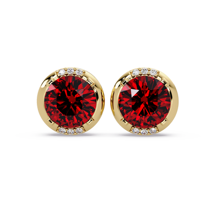 2.7 CTW Round Halo Colorstone Stud Earrings in Gold with Ruby Red center stones