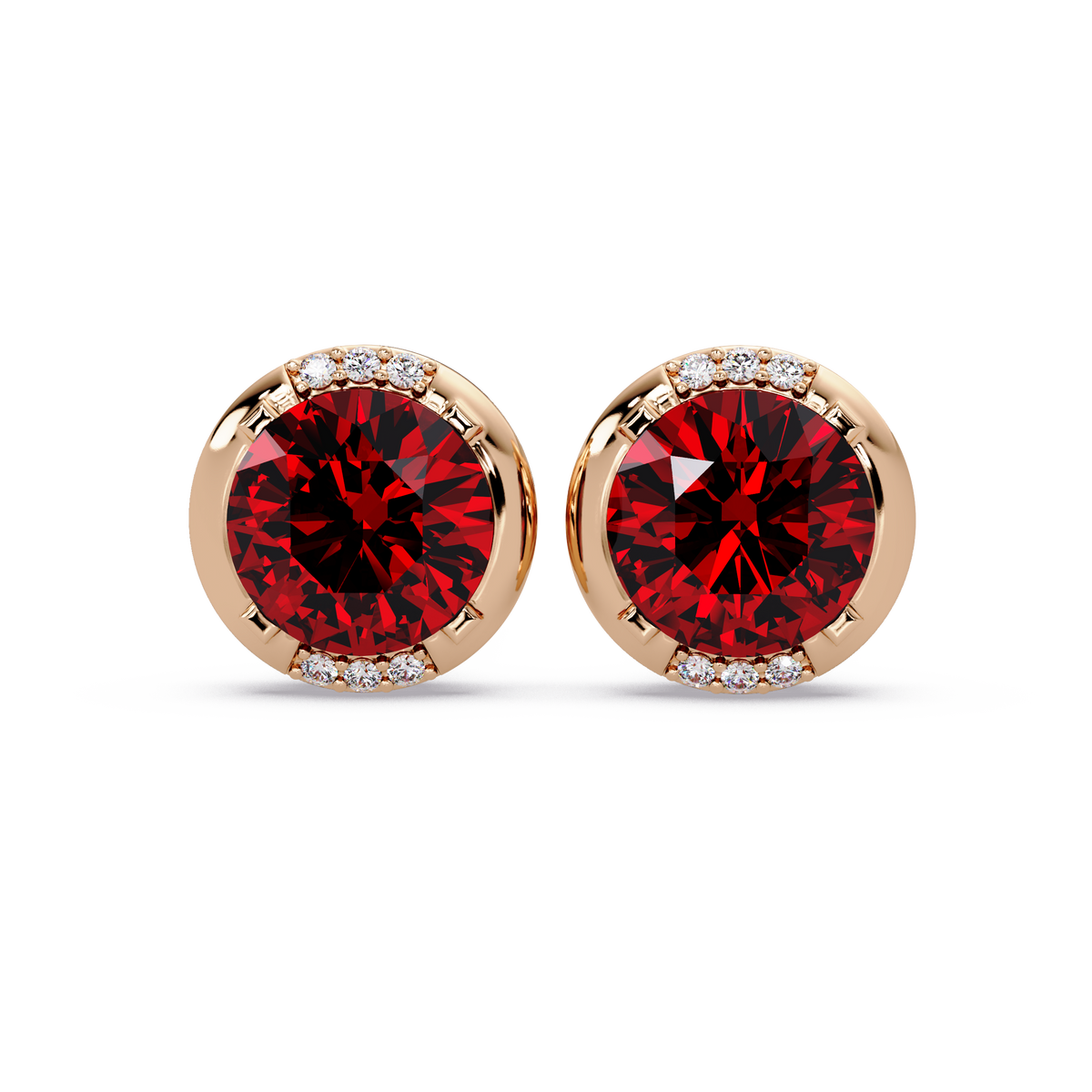2.7 CTW Round Halo Colorstone Stud Earrings in Rose gold with Ruby Red center stones
