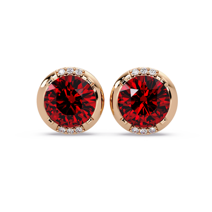 2.7 CTW Round Halo Colorstone Stud Earrings in Rose gold with Ruby Red center stones