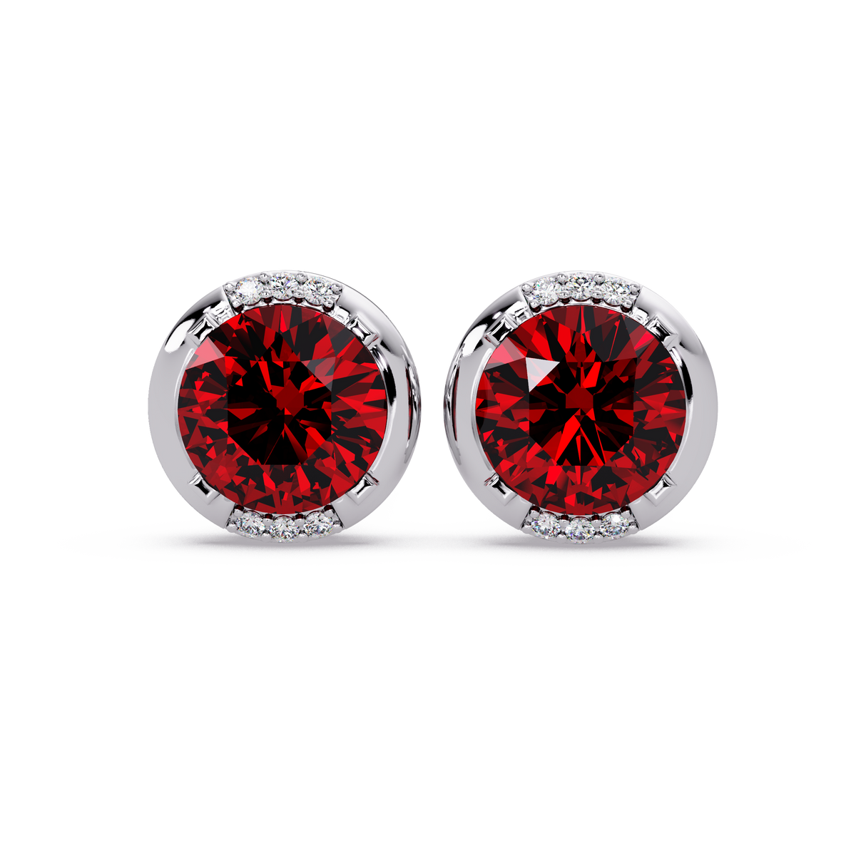 2.7 CTW Round Halo Colorstone Stud Earrings in White gold with Ruby Red center stones