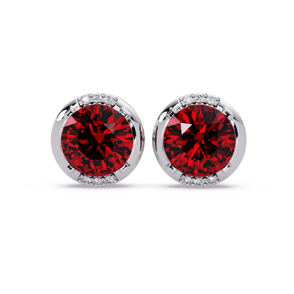 2.7 CTW Round Halo Colorstone Stud Earrings in White gold with Ruby Red center stones