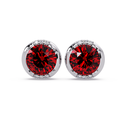 2.7 CTW Round Halo Colorstone Stud Earrings in White gold with Ruby Red center stones