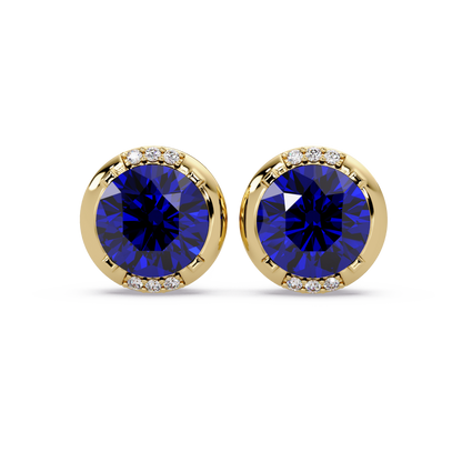 2.7 CTW Round Halo Colorstone Stud Earrings in Gold with Sapphire Blue center stones
