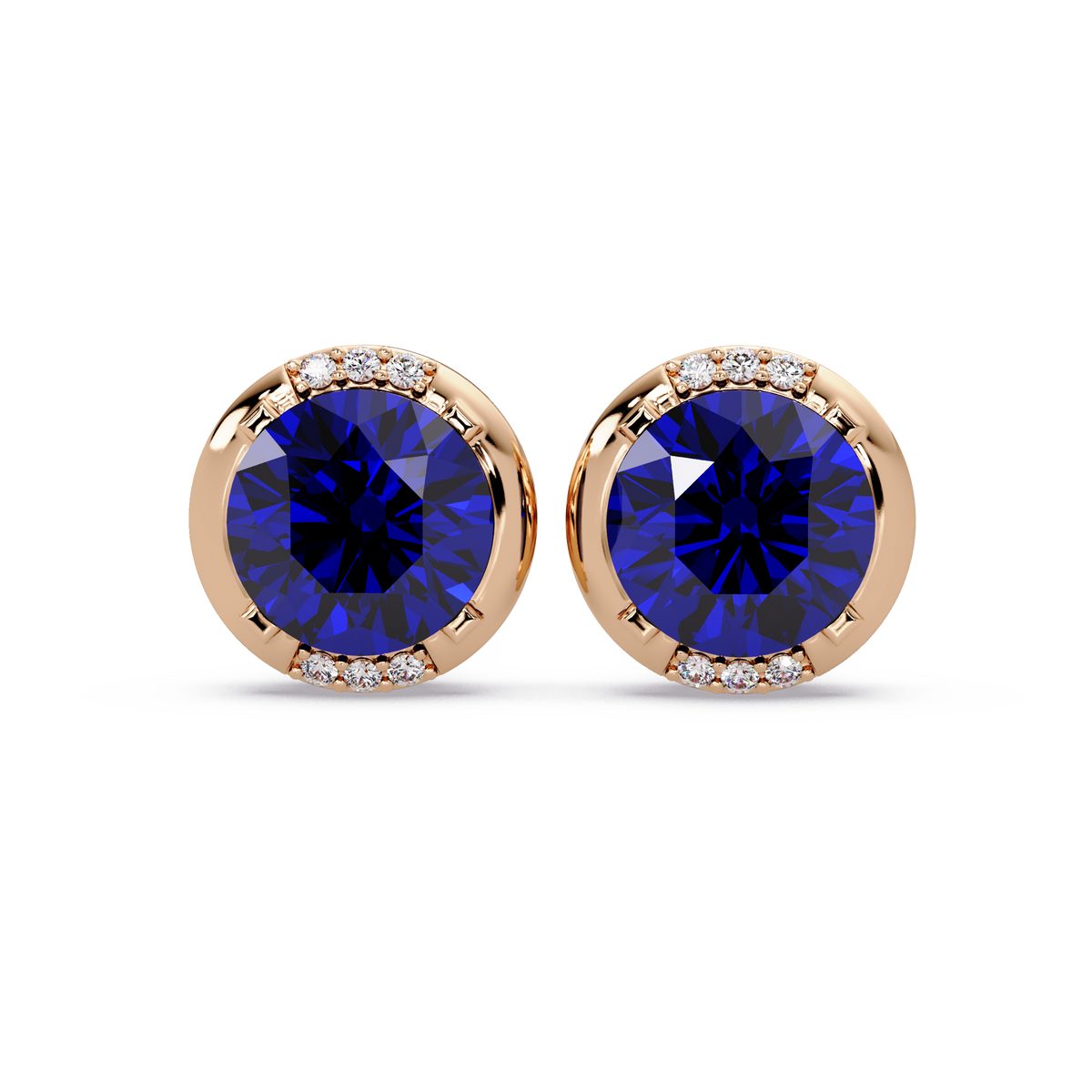 2.7 CTW Round Halo Colorstone Stud Earrings in Rose gold with Sapphire Blue center stones