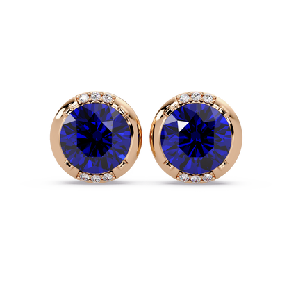 2.7 CTW Round Halo Colorstone Stud Earrings in Rose gold with Sapphire Blue center stones
