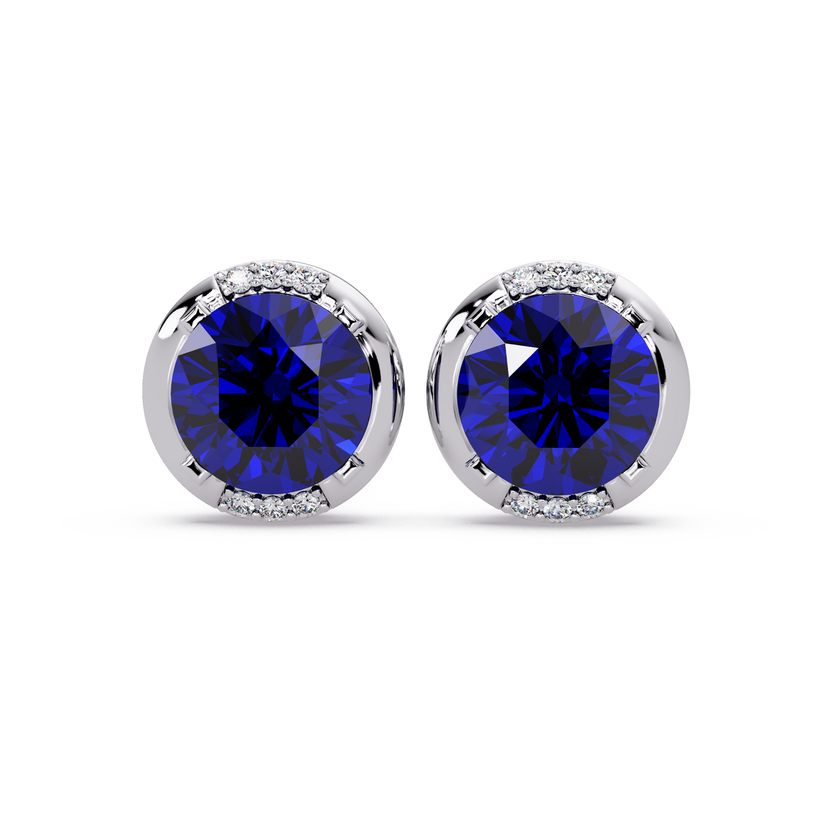 2.7 CTW Round Halo Colorstone Stud Earrings in White gold with Sapphire Blue center stones