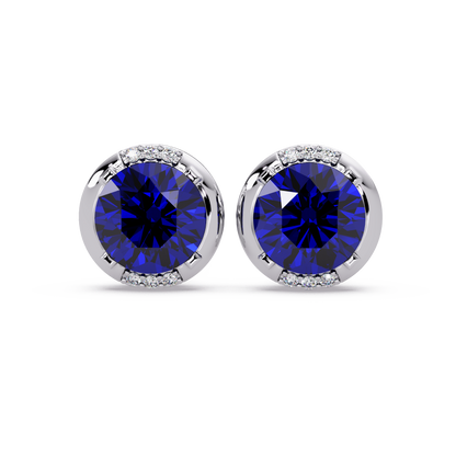 2.7 CTW Round Halo Colorstone Stud Earrings in White gold with Sapphire Blue center stones