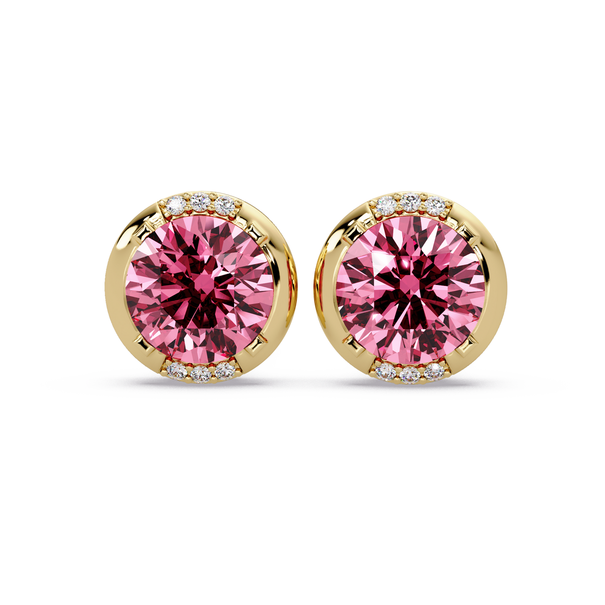 2.7 CTW Round Halo Colorstone Stud Earrings in Gold with Tourmaline Pink center stones