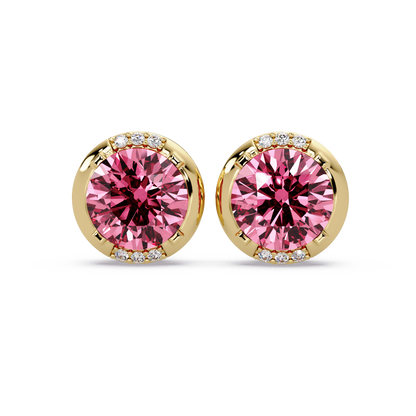 2.7 CTW Round Halo Colorstone Stud Earrings in Gold with Tourmaline Pink center stones