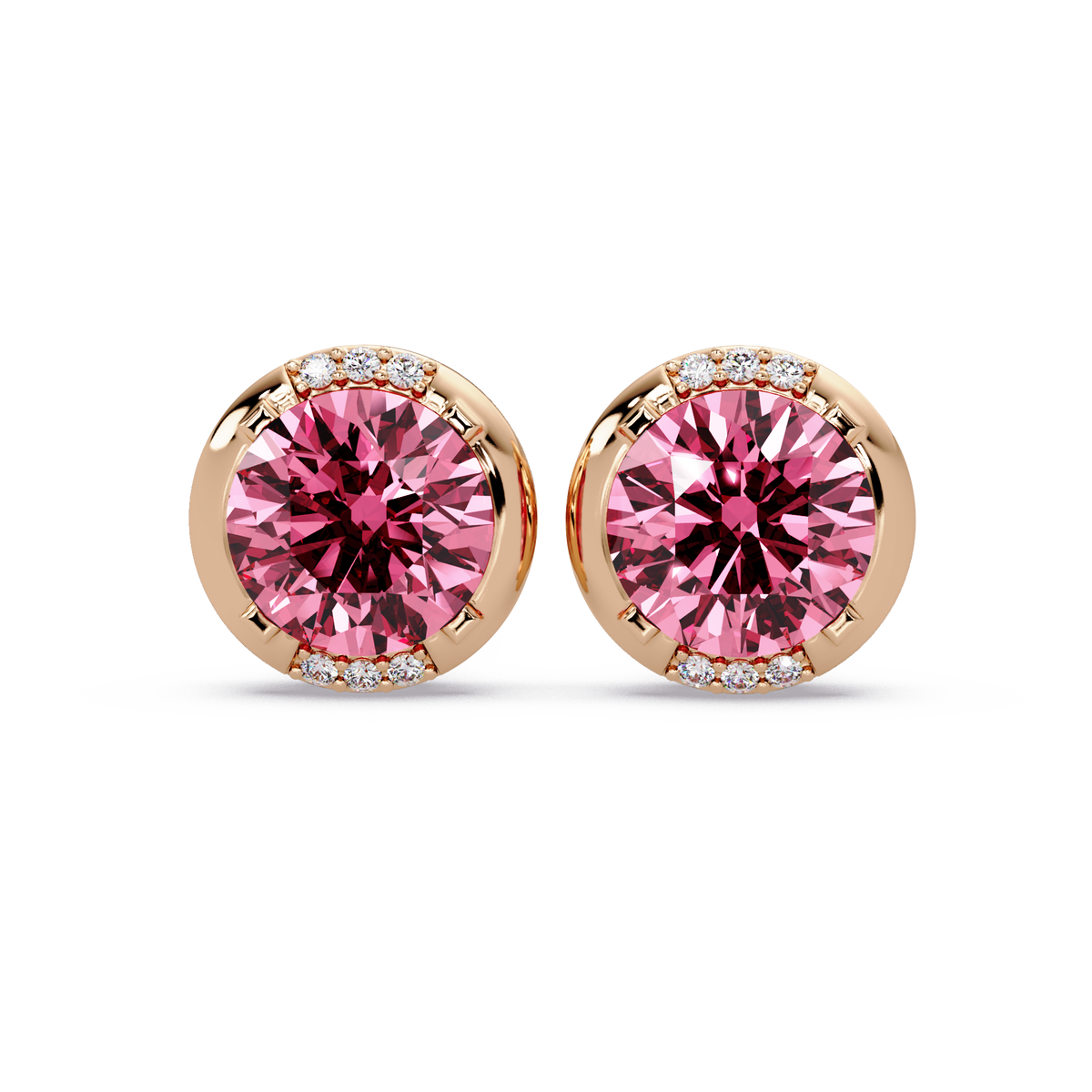 2.7 CTW Round Halo Colorstone Stud Earrings in Rose gold with Tourmaline Pink center stones