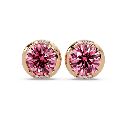2.7 CTW Round Halo Colorstone Stud Earrings in Rose gold with Tourmaline Pink center stones