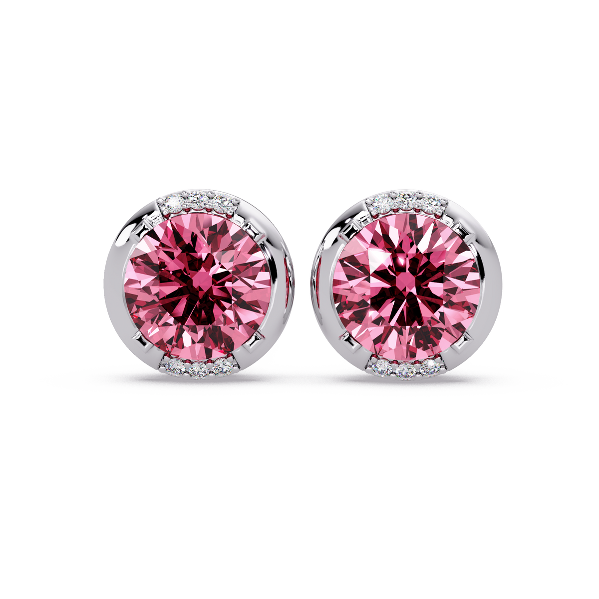 2.7 CTW Round Halo Colorstone Stud Earrings in White gold with Tourmaline Pink center stones