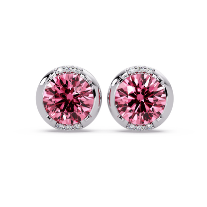 2.7 CTW Round Halo Colorstone Stud Earrings in White gold with Tourmaline Pink center stones