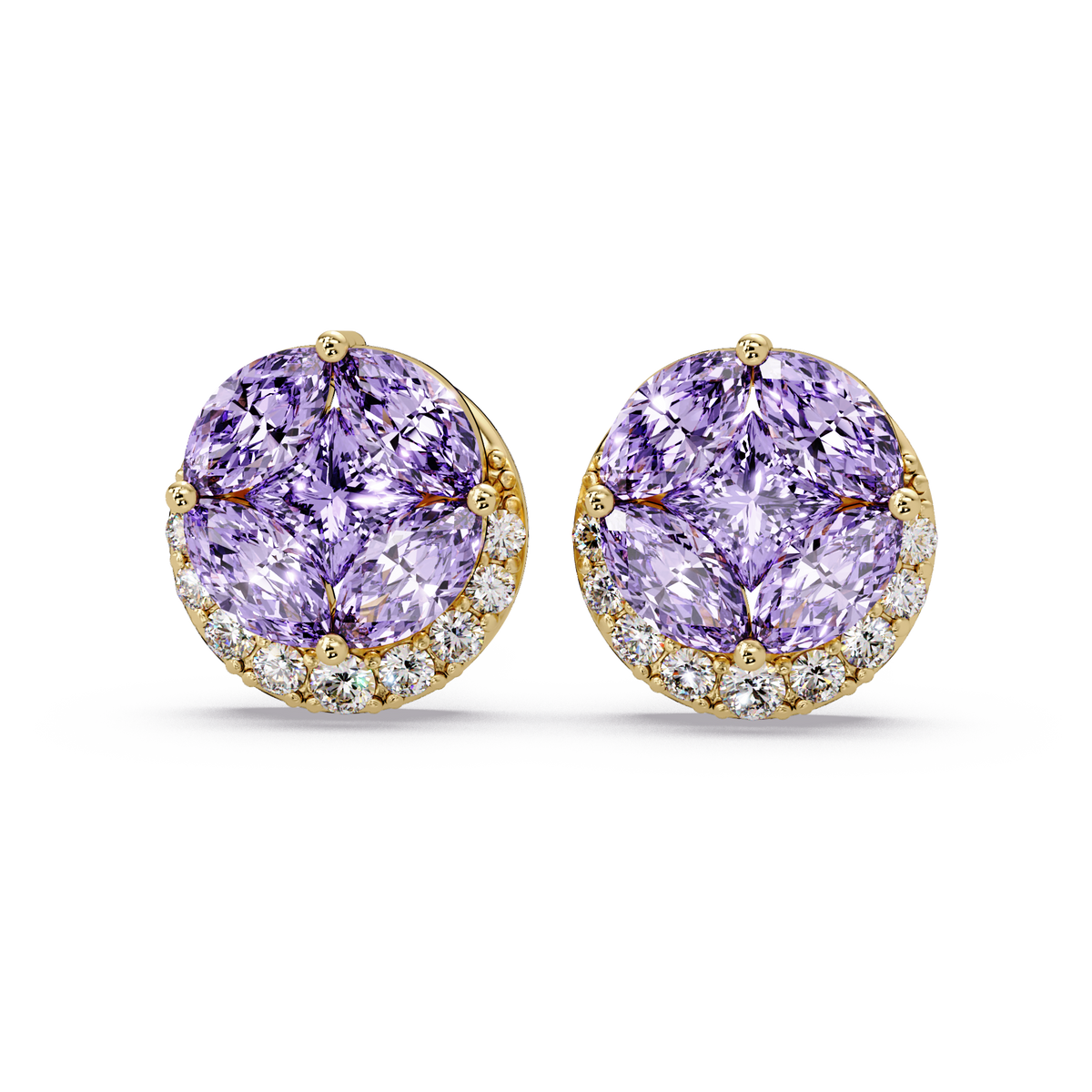 0.8 CTW marquise and princess colorstone halo stud earrings in Gold, Amethyst Purple stones