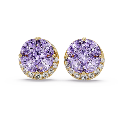 0.8 CTW marquise and princess colorstone halo stud earrings in Gold, Amethyst Purple stones
