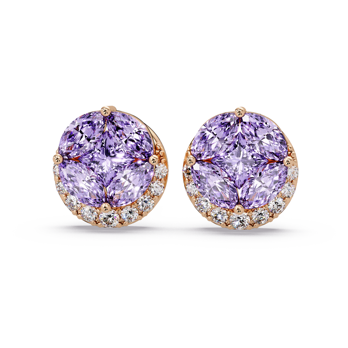0.8 CTW marquise and princess colorstone halo stud earrings in Rose gold, Amethyst Purple stones
